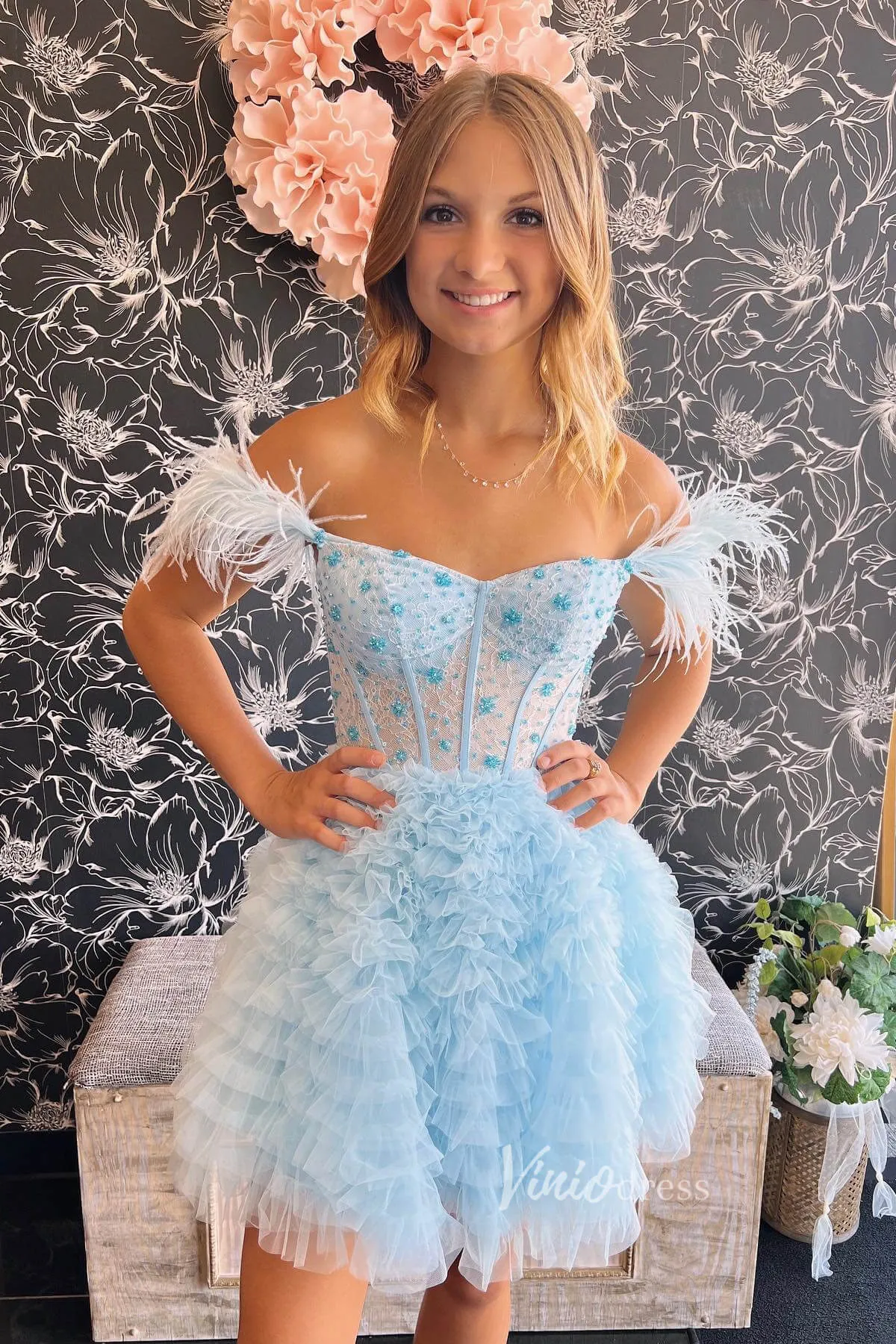 A-line Baby Blue Ruffle Homecoming Dresses Off Shoulder Feather Graduation Dress SD1526