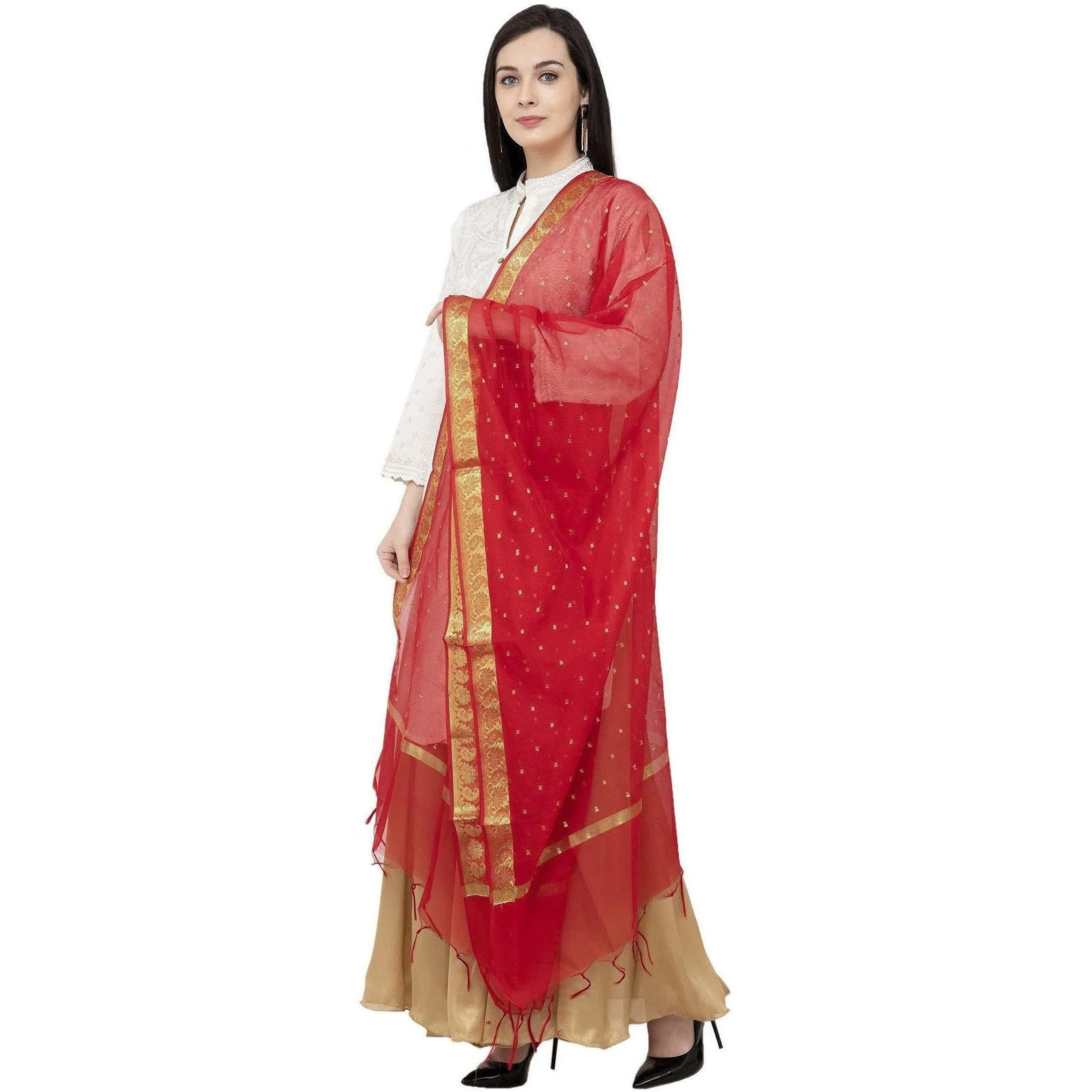 A R Silk VNS Border Buti Fancy Dupatta Color Red Dupatta or Chunni