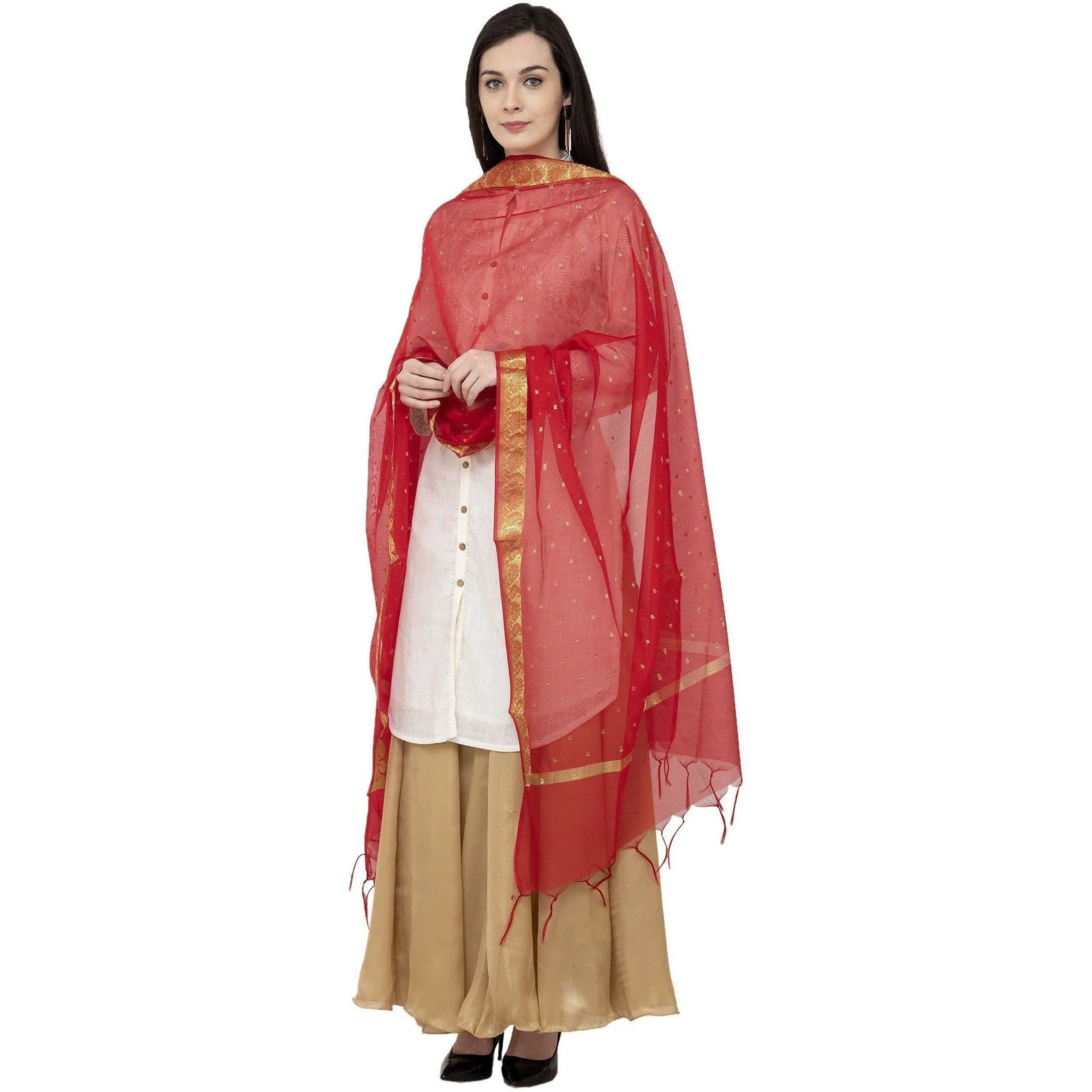 A R Silk VNS Border Buti Fancy Dupatta Color Red Dupatta or Chunni