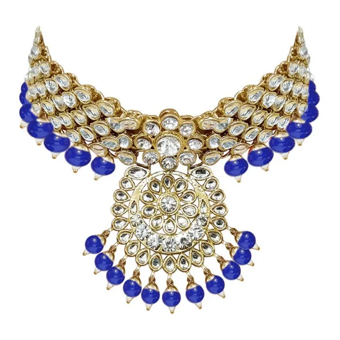 Alloy Necklace with Earrings and Maang Tikka in Blue