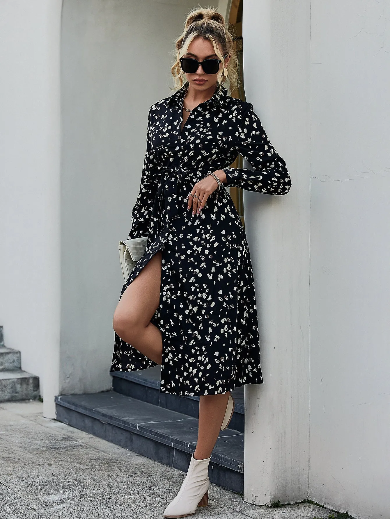 Animal Print Tie-Waist Midi Shirt Dress