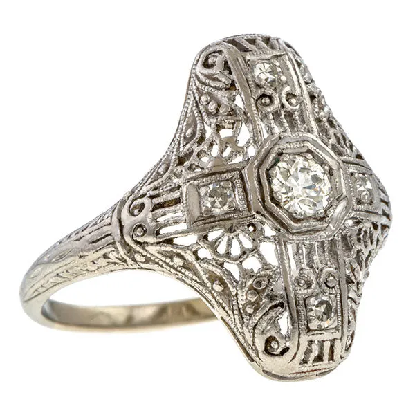 Art Deco Filigree Engagement Ring, Old Euro 0.15ct