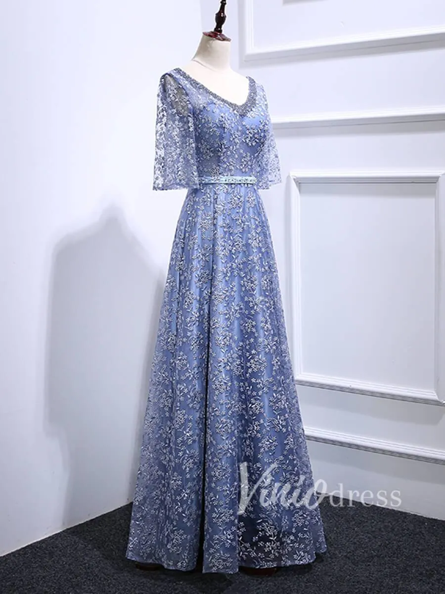 Beaded Slate Blue Lace Mother of the Bride Dresses FD1521