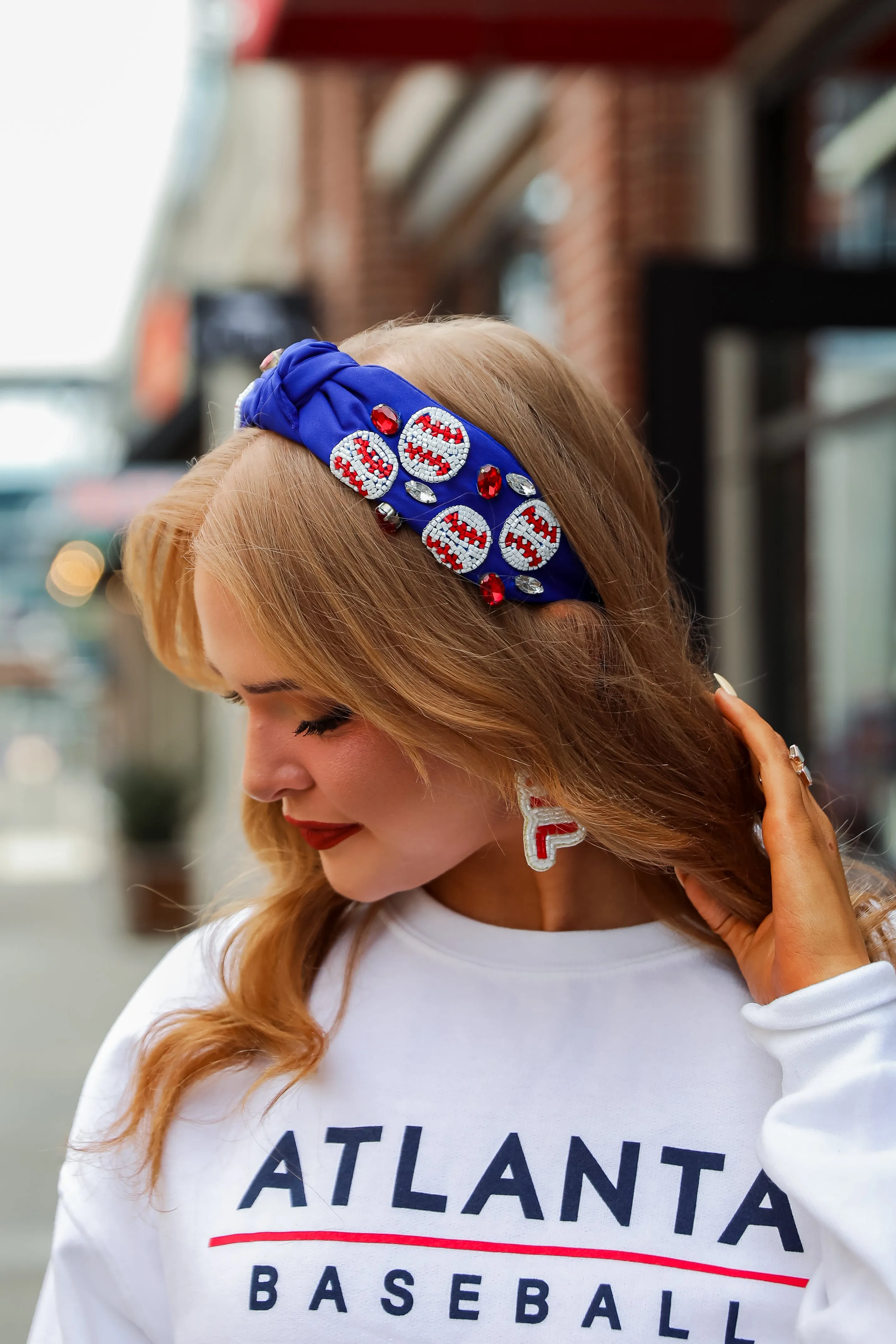 Blue Beaded Baseball Knotted Headband