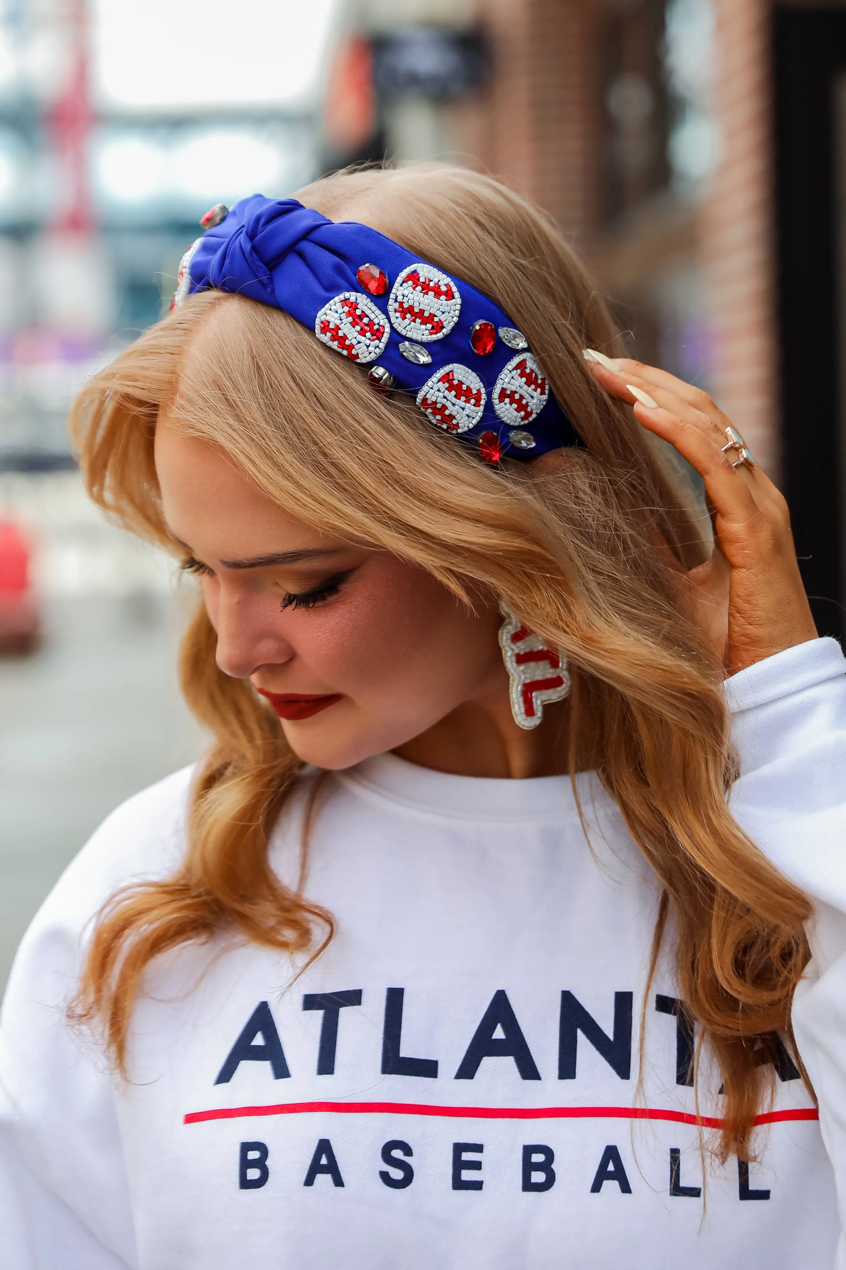 Blue Beaded Baseball Knotted Headband