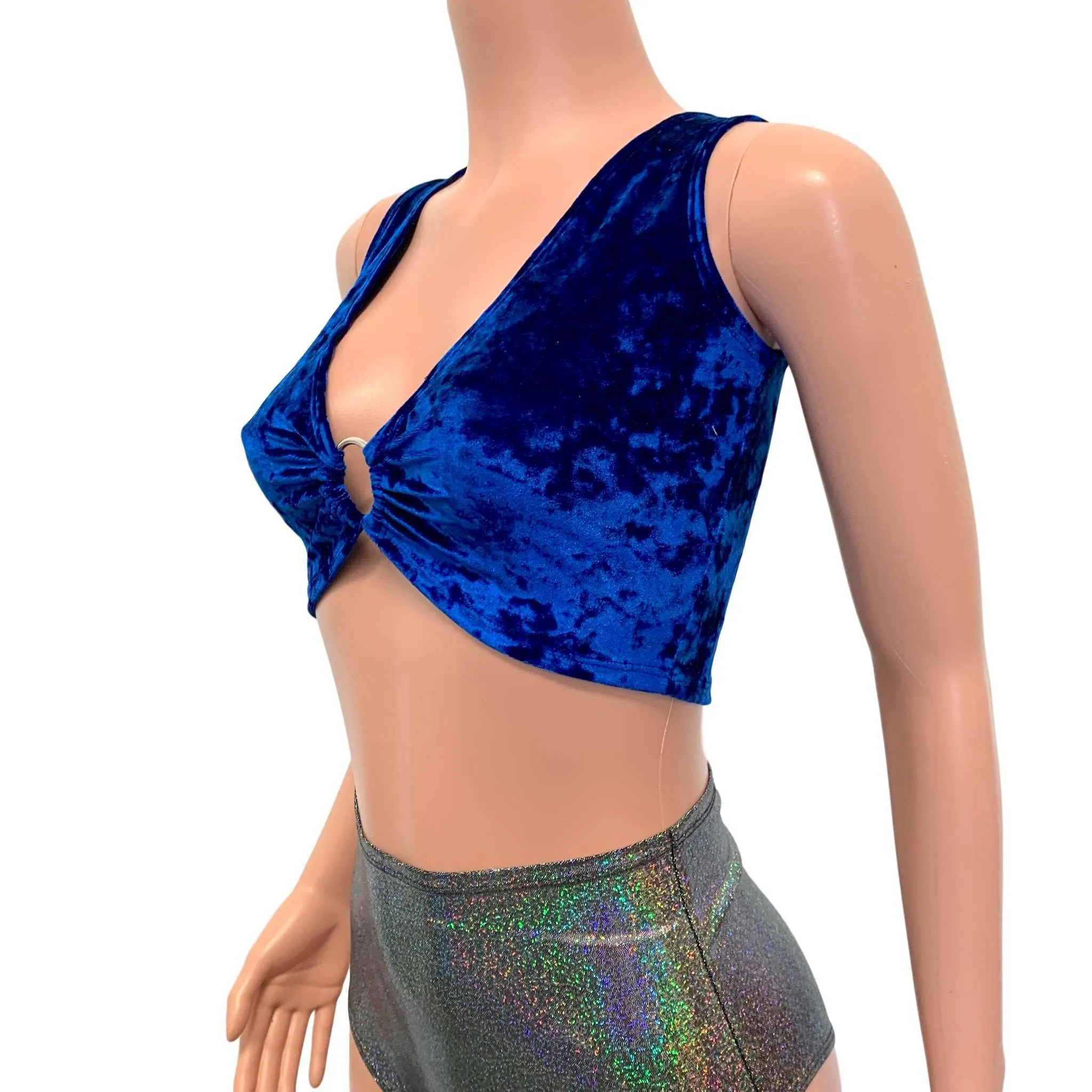 Blue Crushed Velvet Ring Crop Top