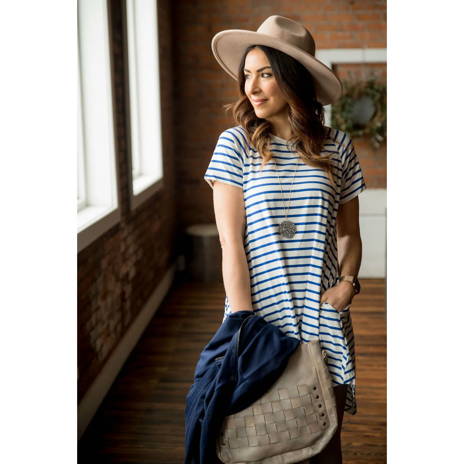 Blue Striped Tunic Pocket Dress