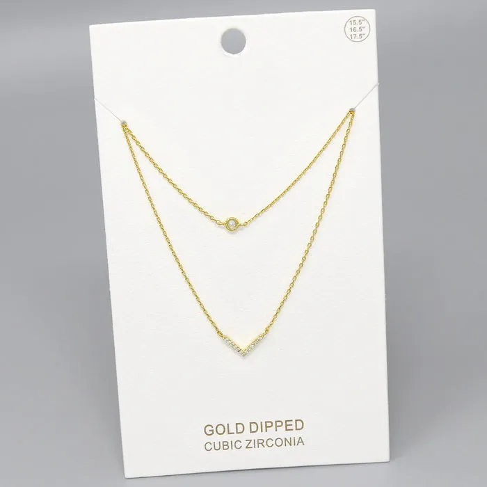 Chevron CZ Pave Pendant Gold Dipped Layered Chain Necklace