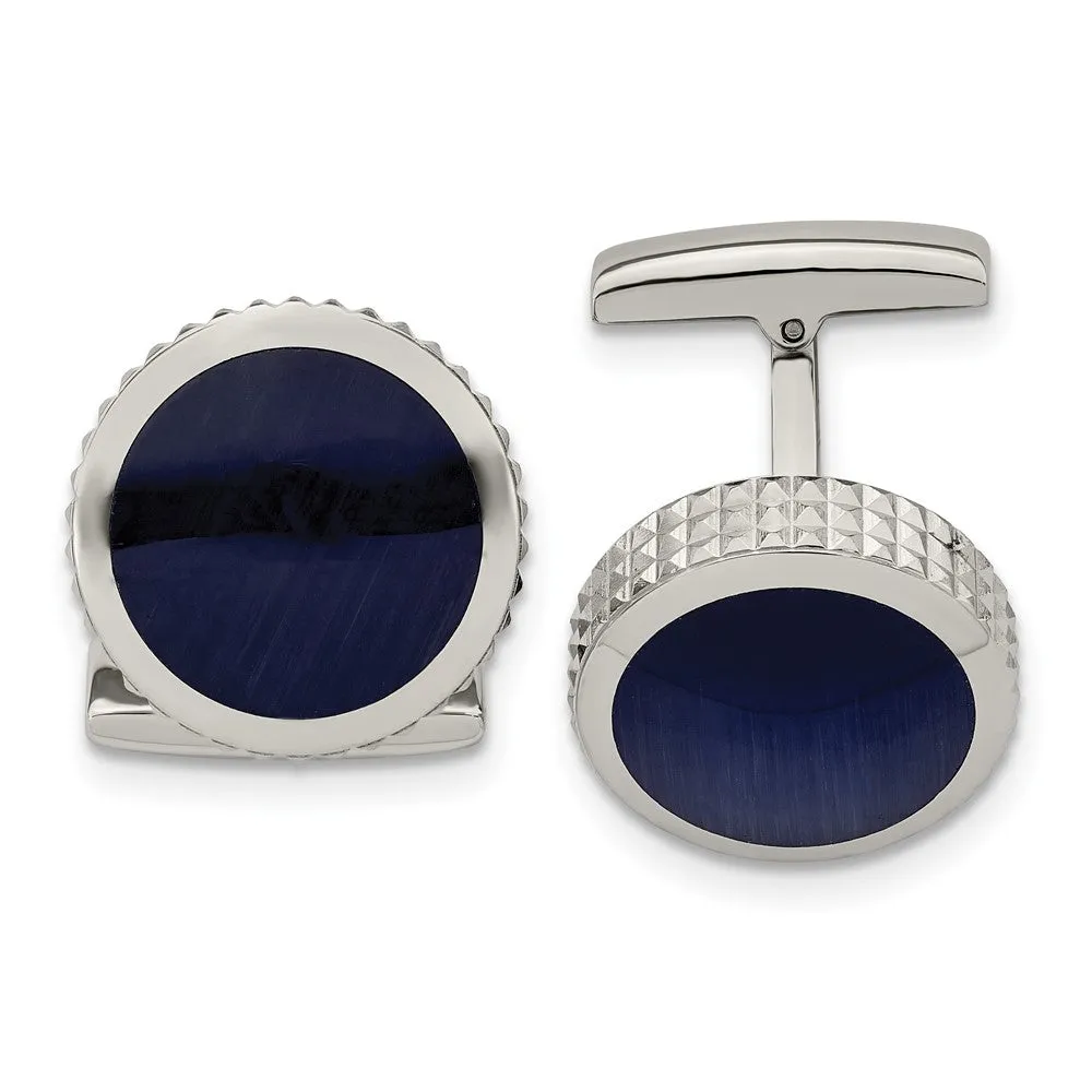 Chisel Stainless Steel Polished Blue Cat's Eye Textured Edge Circle Cufflinks