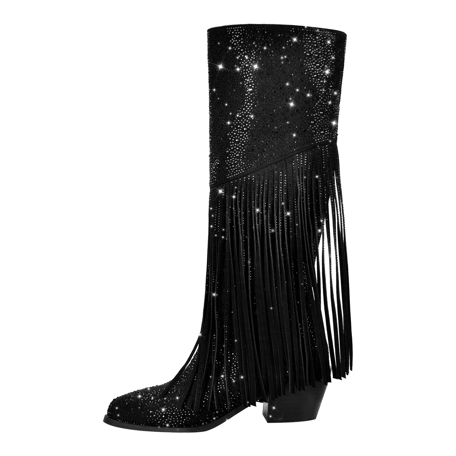 Chunky Heel Rhinestone Tassel Thigh High Boots