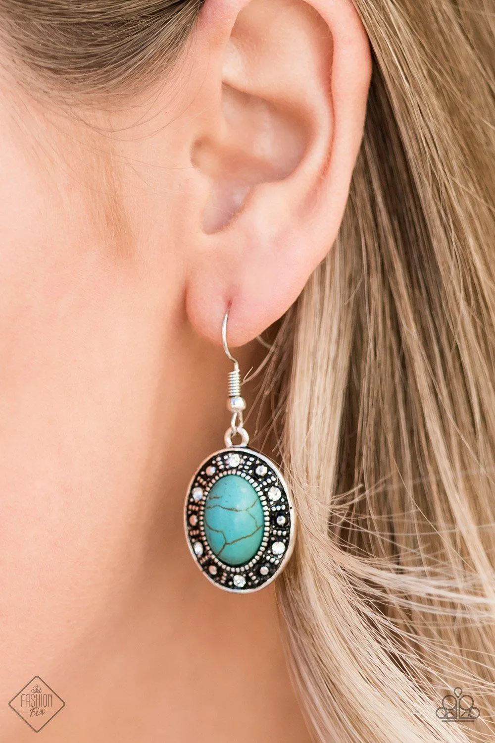 Classically Country Turquoise Blue Stone and White Rhinestone Earrings - Paparazzi Accessories