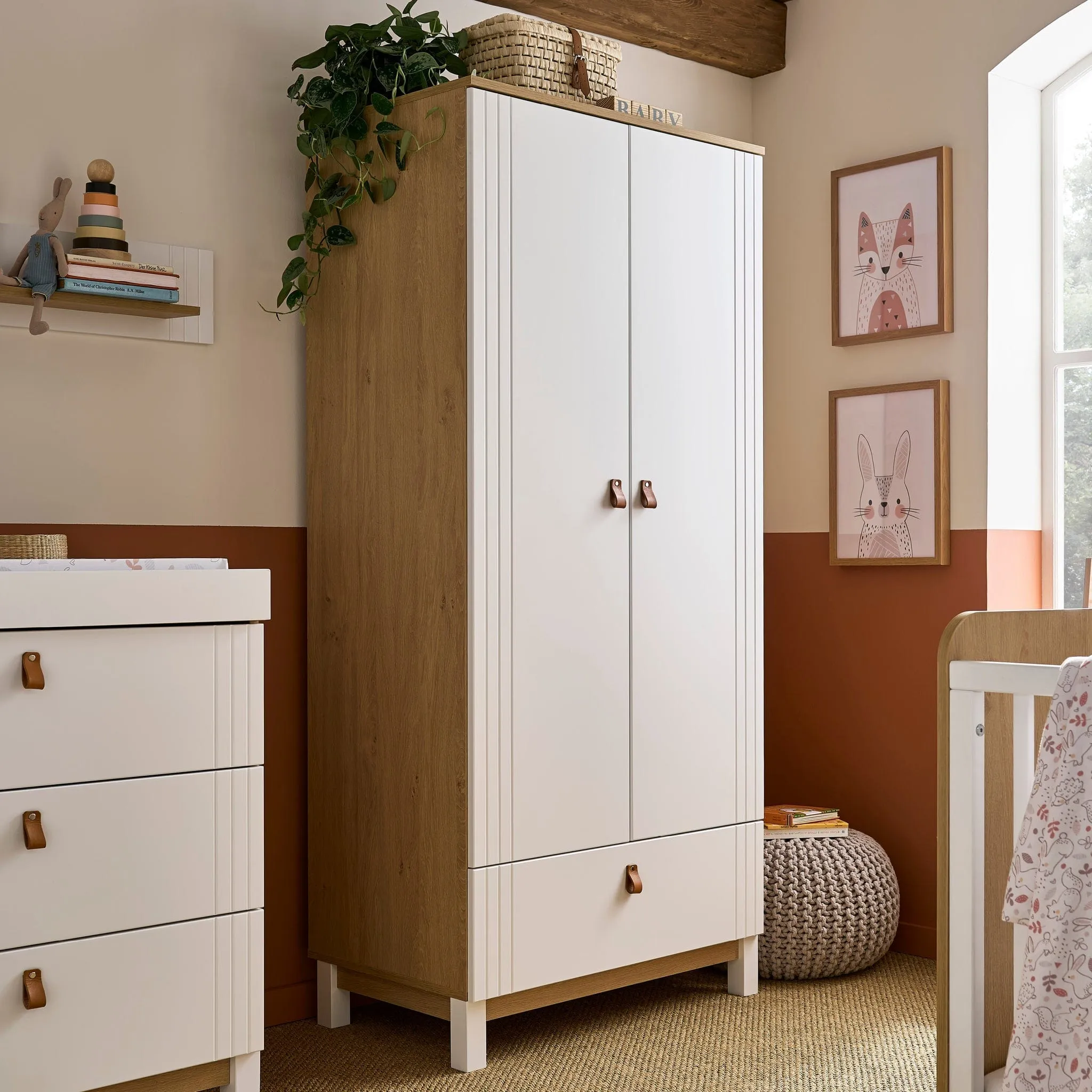 CuddleCo Rafi 4pc Set 3 Drawer Dresser, Cot Bed, Wardrobe and Bookcase- Oak/White