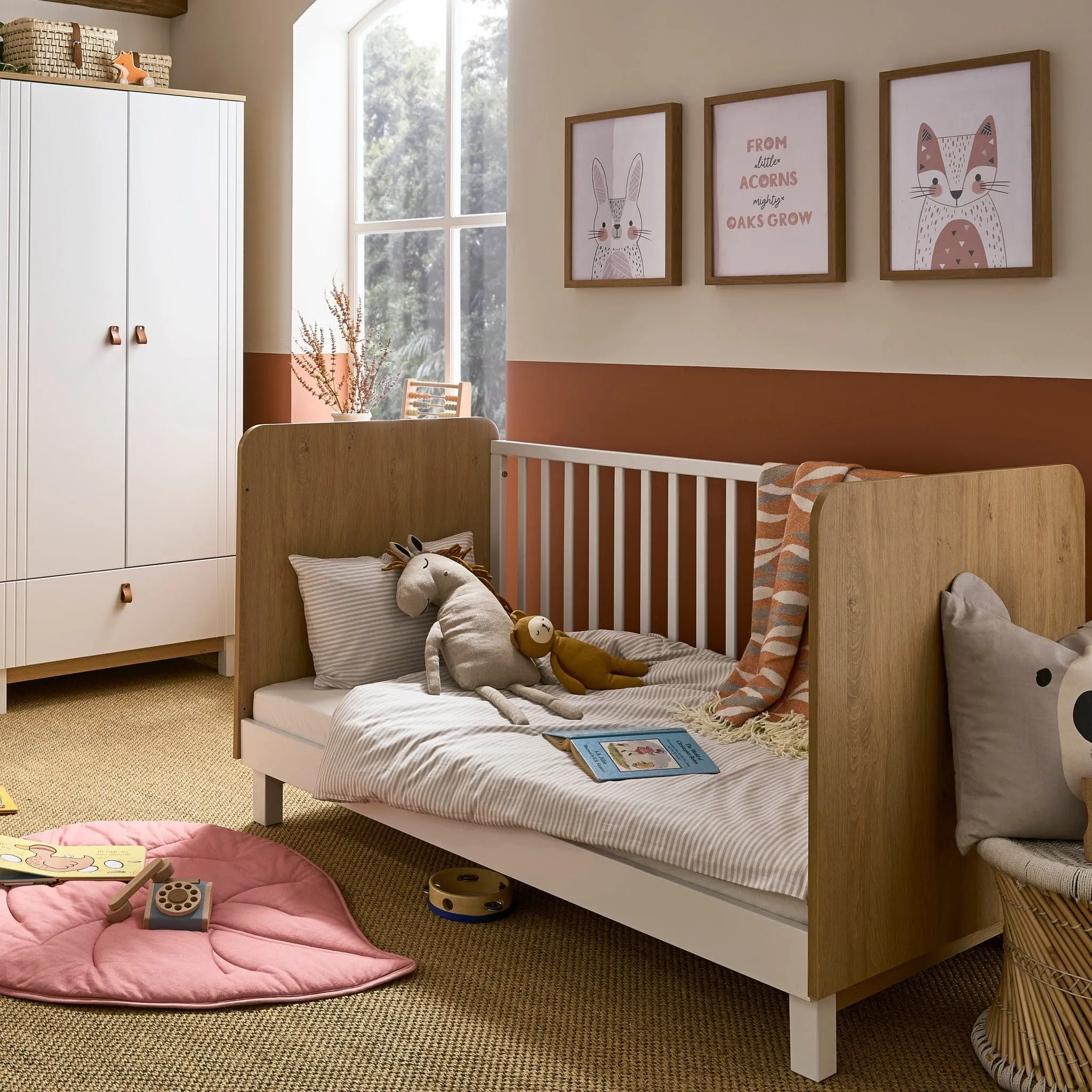 CuddleCo Rafi 4pc Set 3 Drawer Dresser, Cot Bed, Wardrobe and Bookcase- Oak/White