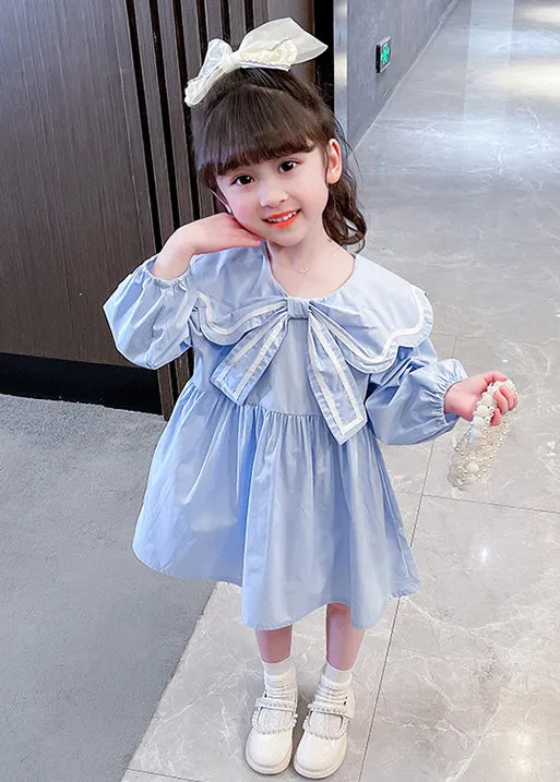 Cute Blue Peter Pan Collar Solid Cotton Girls Dress Long Sleeve XZ016