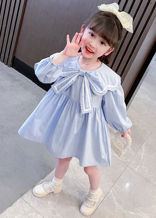 Cute Blue Peter Pan Collar Solid Cotton Girls Dress Long Sleeve XZ016