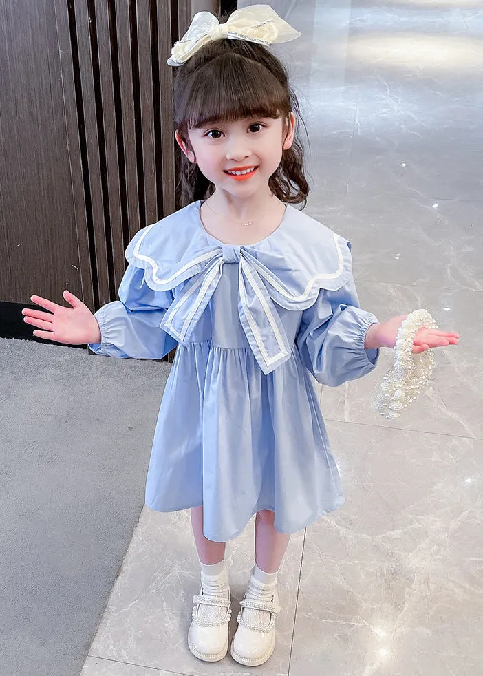 Cute Blue Peter Pan Collar Solid Cotton Girls Dress Long Sleeve XZ016