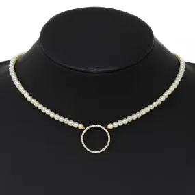 CZ Pave Circle Pendant Pearl Beaded Short Necklace