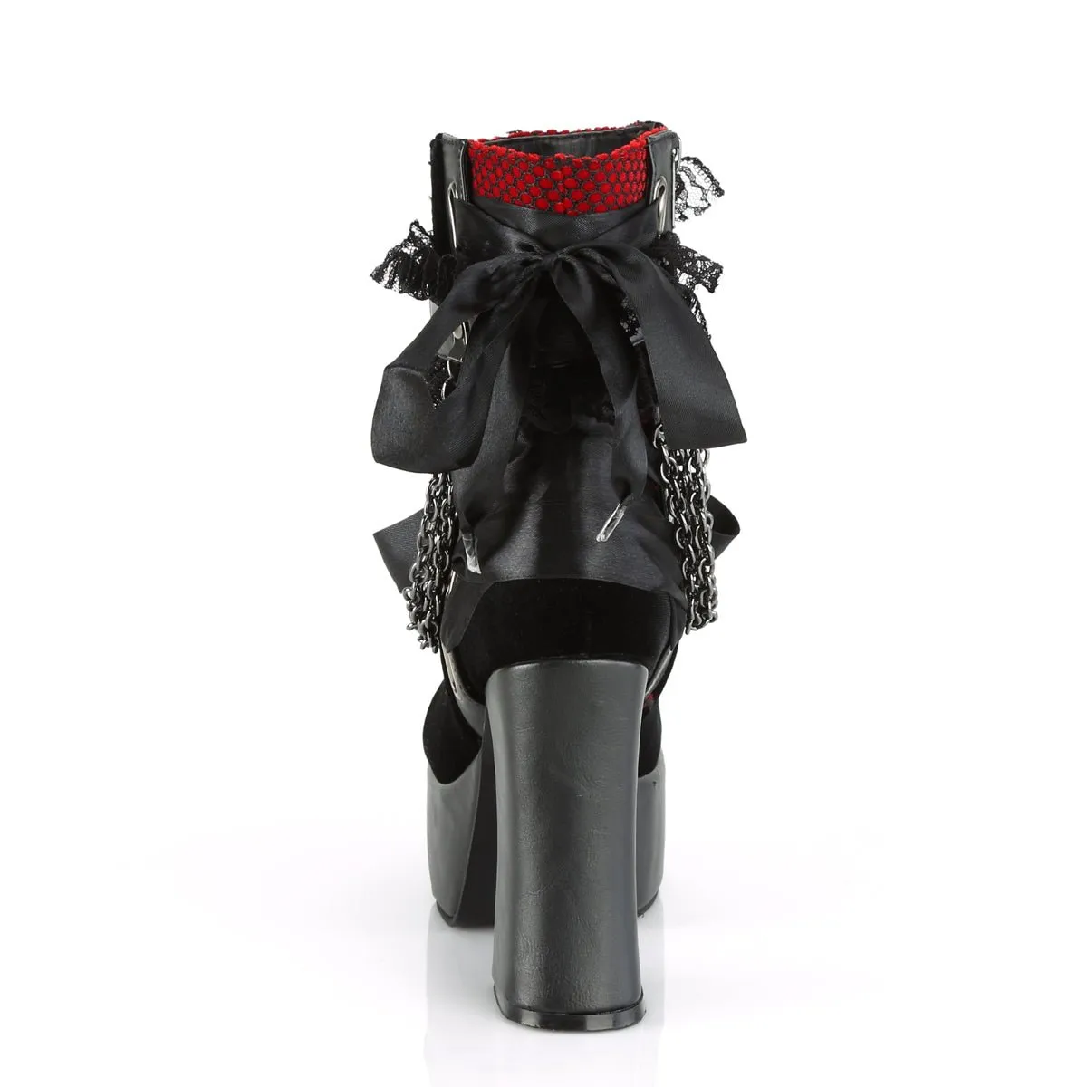 Demonia CHARADE-110 | Blk & Red Velvet Fishnet Cover Ankle Boots