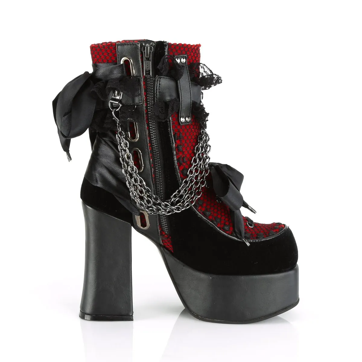 Demonia CHARADE-110 | Blk & Red Velvet Fishnet Cover Ankle Boots