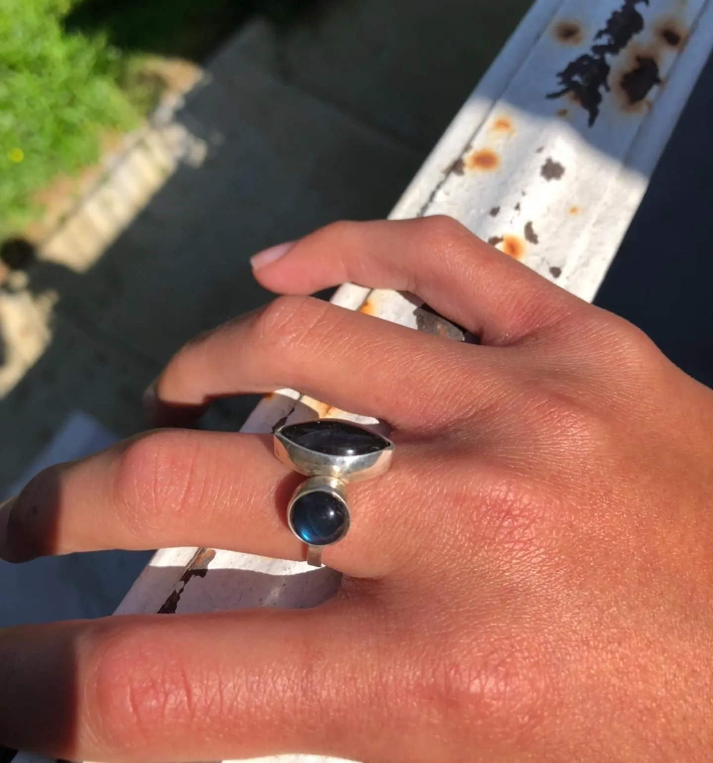 Double dark blue labradorite ring