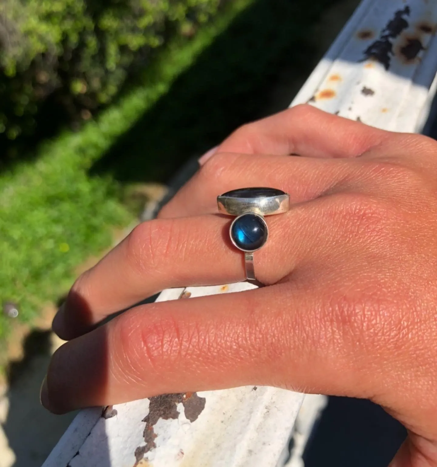 Double dark blue labradorite ring