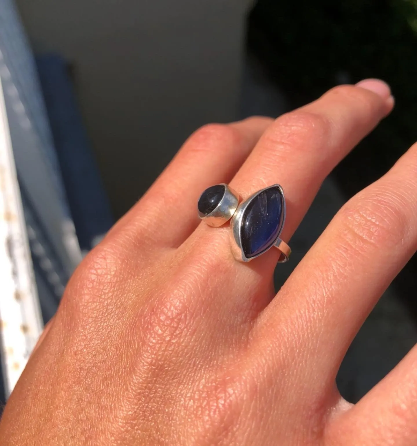 Double dark blue labradorite ring