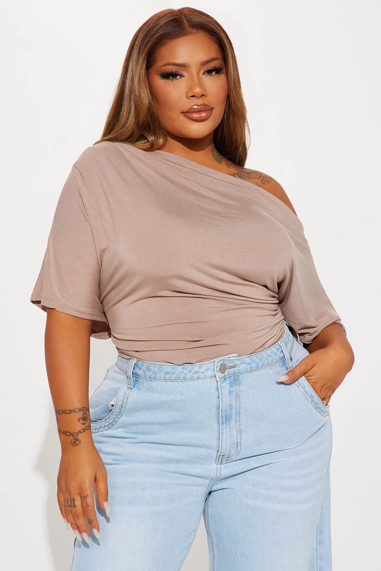 Flatter Me Off Shoulder Bodysuit - Taupe