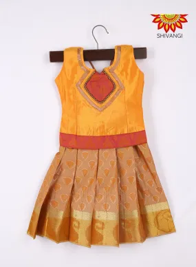 Girls Art Silk Pattu Pavadai Orange and Gold