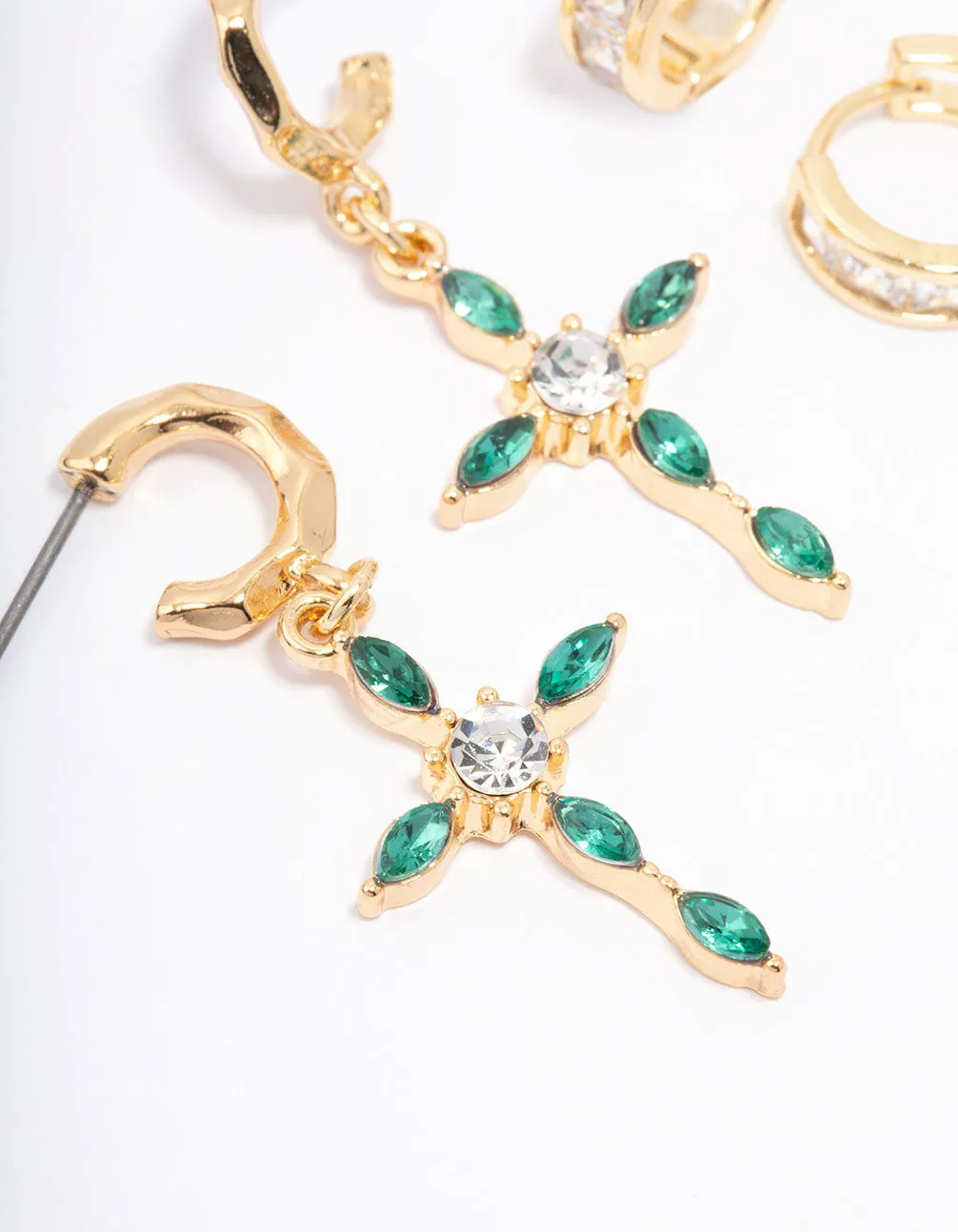 Gold Plated Emerald Diamante Cross Earring Pack