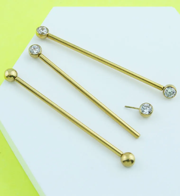 Gold PVD Bezel Clear CZ Threadless Titanium Industrial Barbell