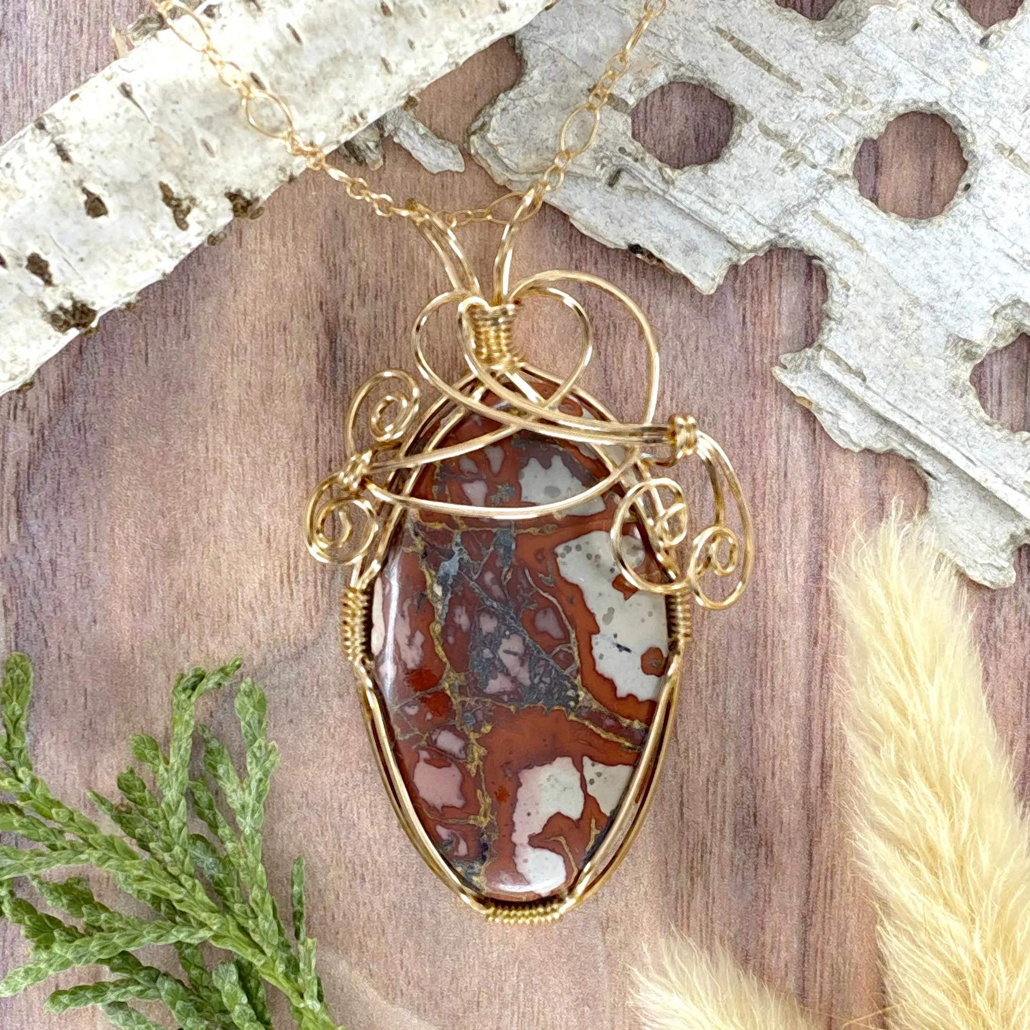 Inca Blanket Rhyolite Wire-Wrapped Pendant Necklace