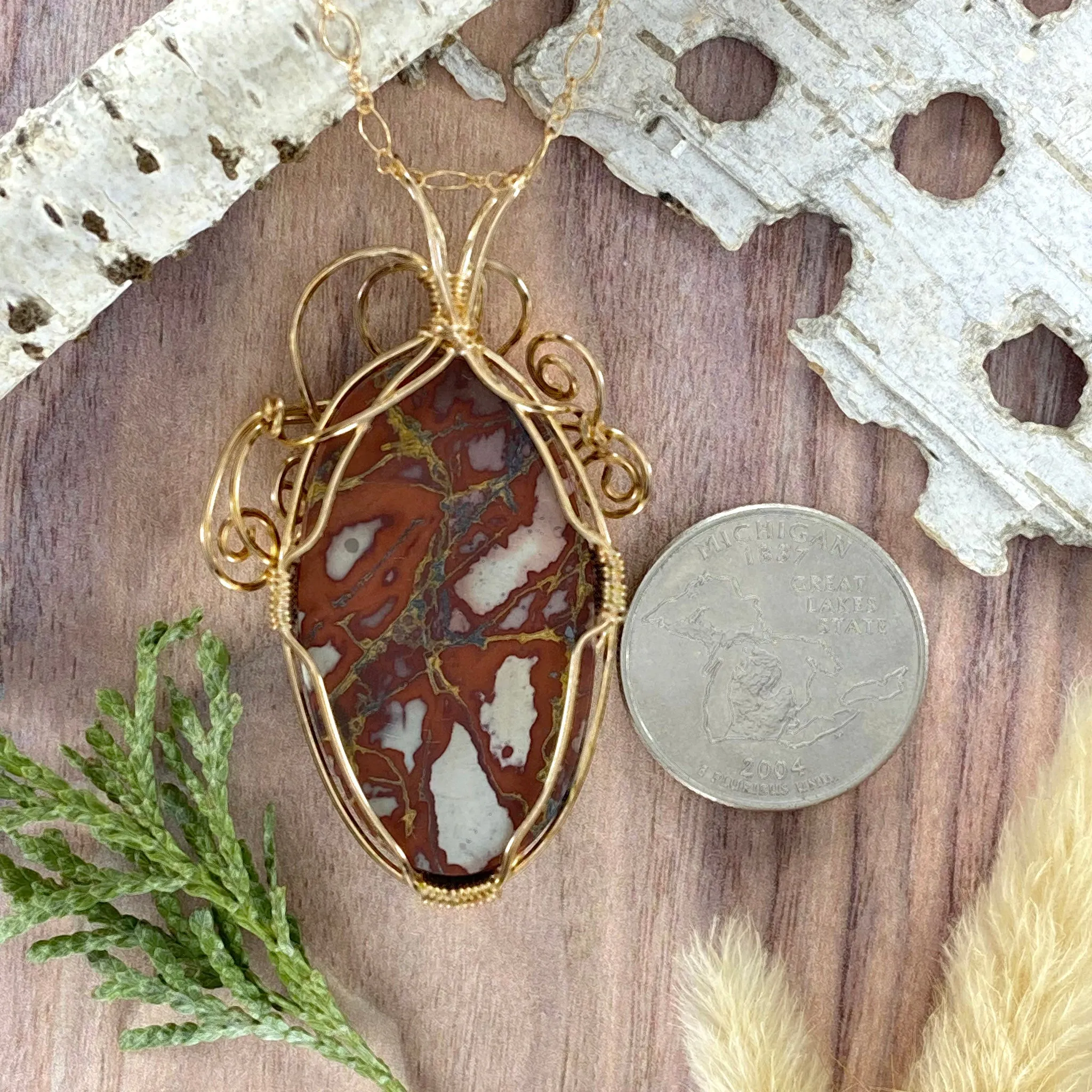 Inca Blanket Rhyolite Wire-Wrapped Pendant Necklace