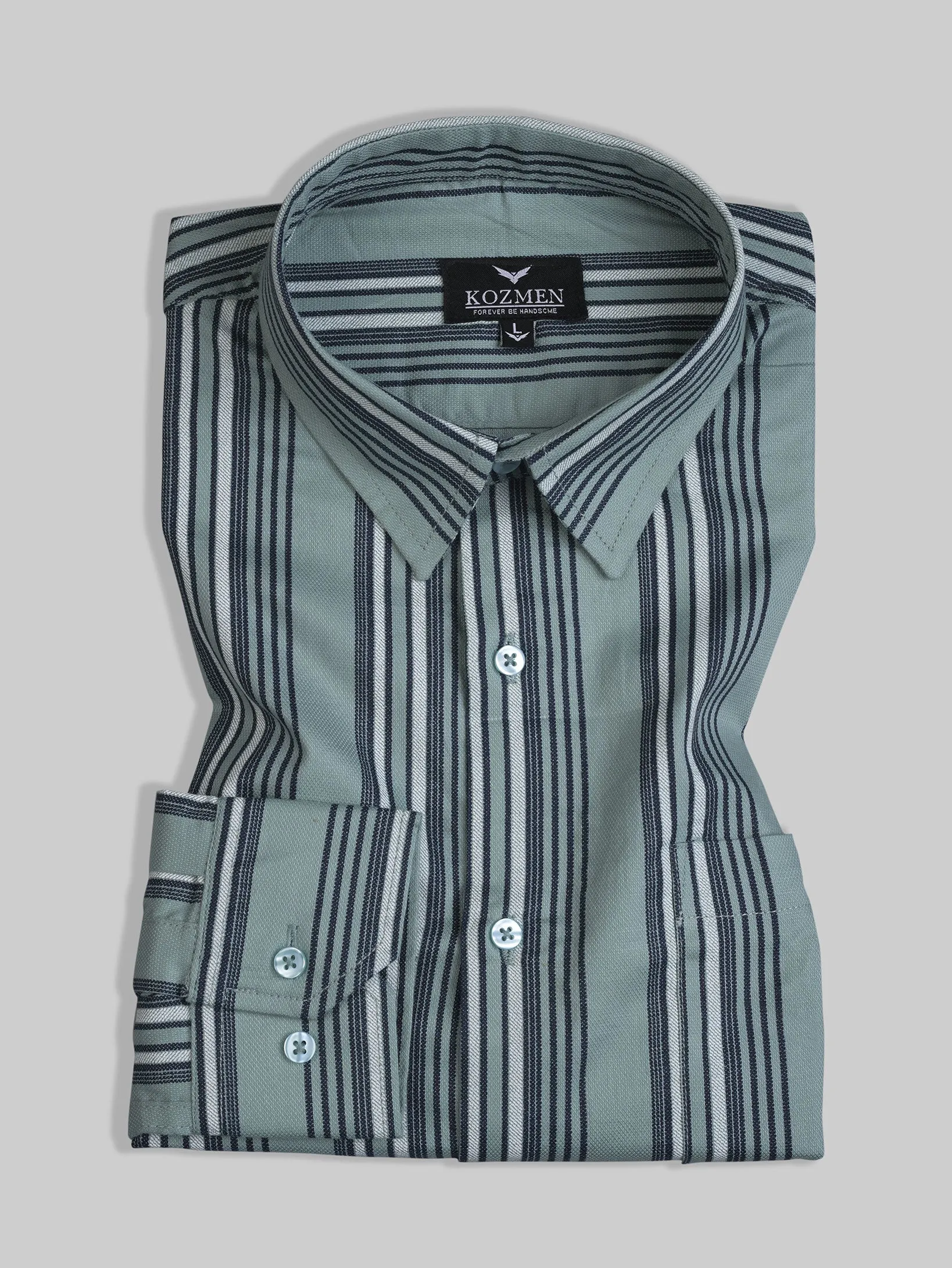 Jade Green Color Barcode Striped Bid Eye Print Cotton Shirt