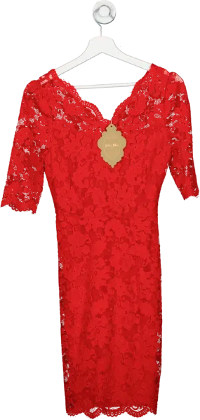 Jolie Moi Red V Neck 3/4 Sleeve Lace Dress UK 10