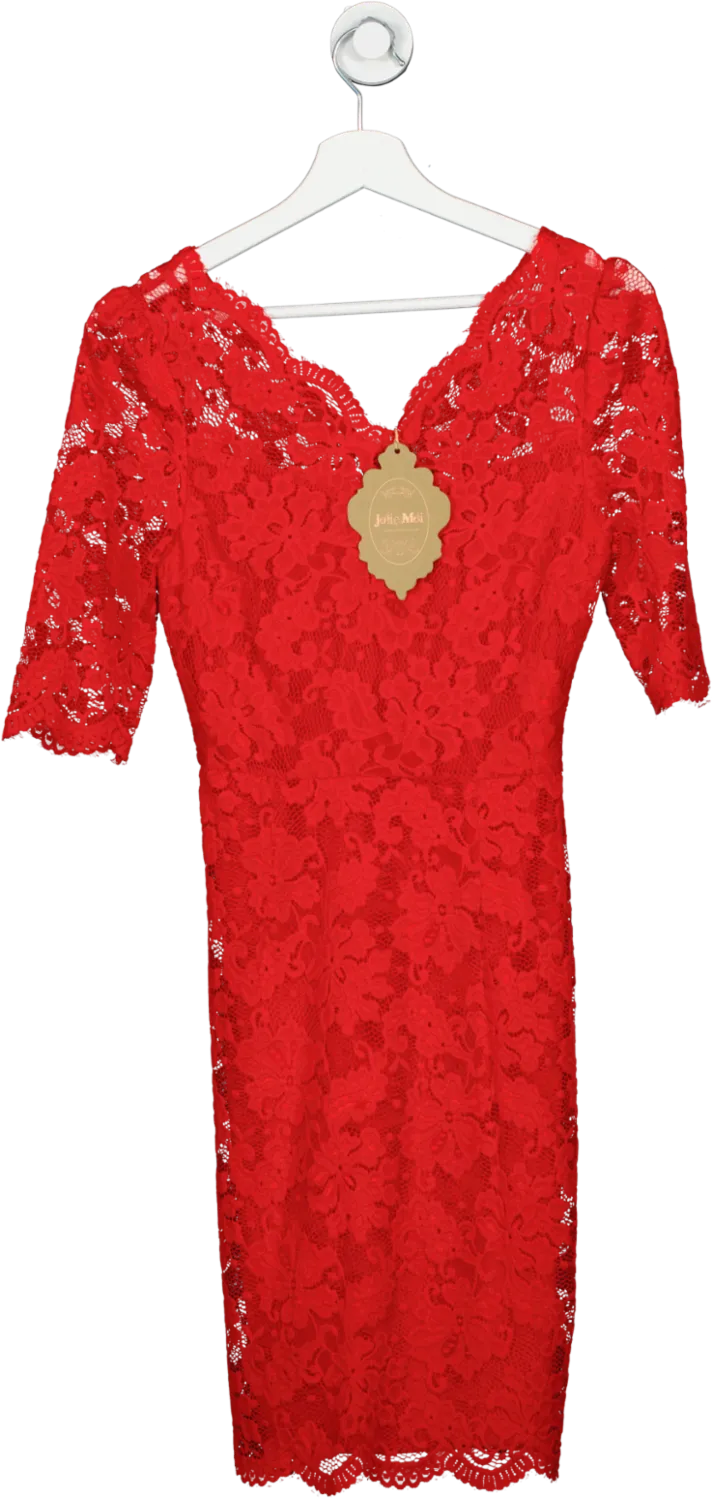 Jolie Moi Red V Neck 3/4 Sleeve Lace Dress UK 10