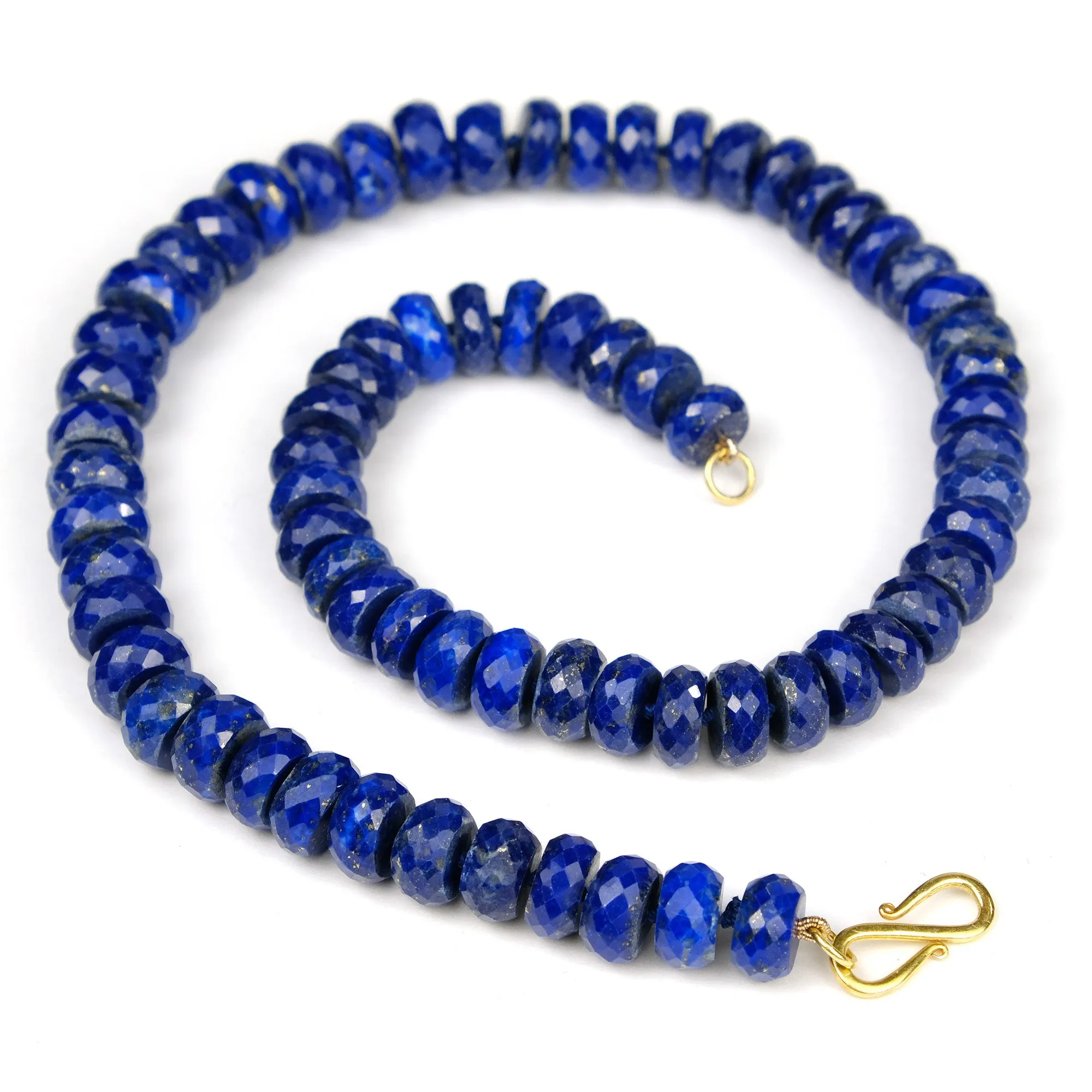 Lapis Lazuli 10mm Faceted Rondelle Knotted Necklace with Gold Plated S Hook Clasp