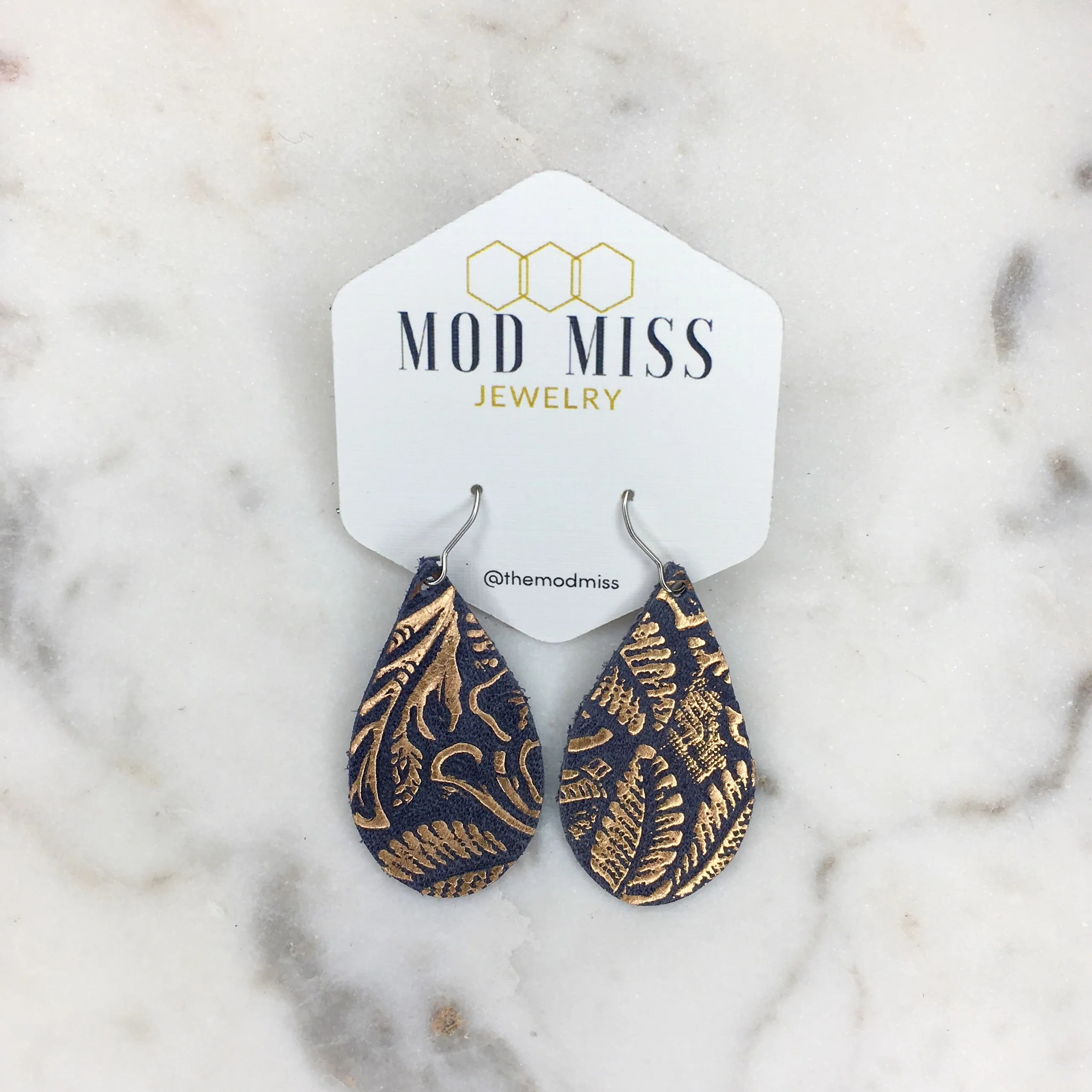 Leather Teardrop Earring Rose Gold on Navy