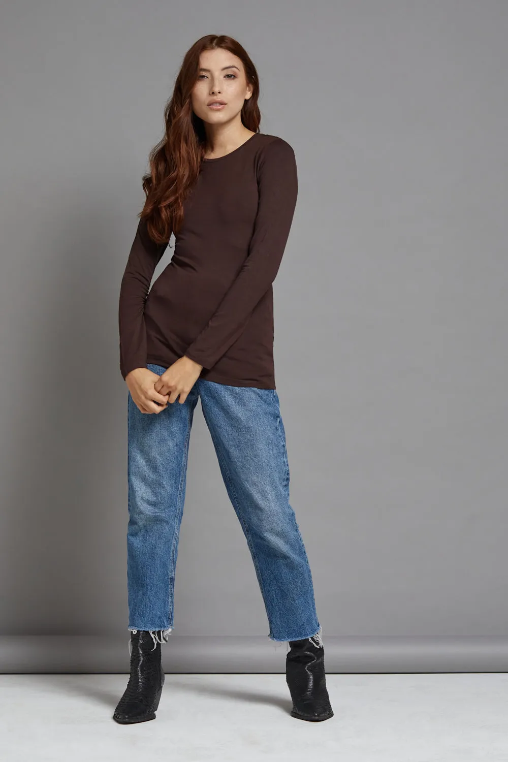 Majestic Long Sleeve Viscose Crewneck in Coffee