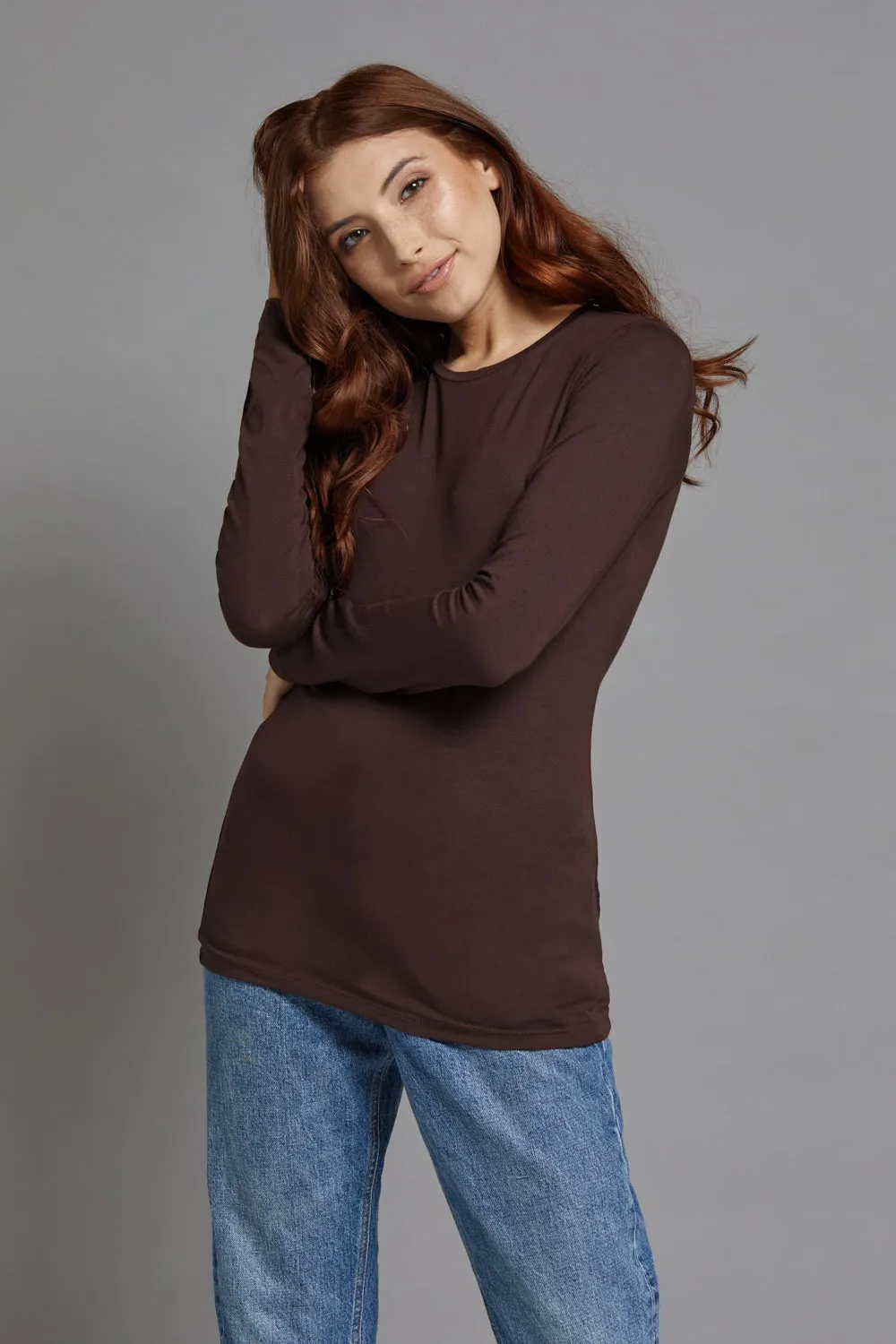 Majestic Long Sleeve Viscose Crewneck in Coffee