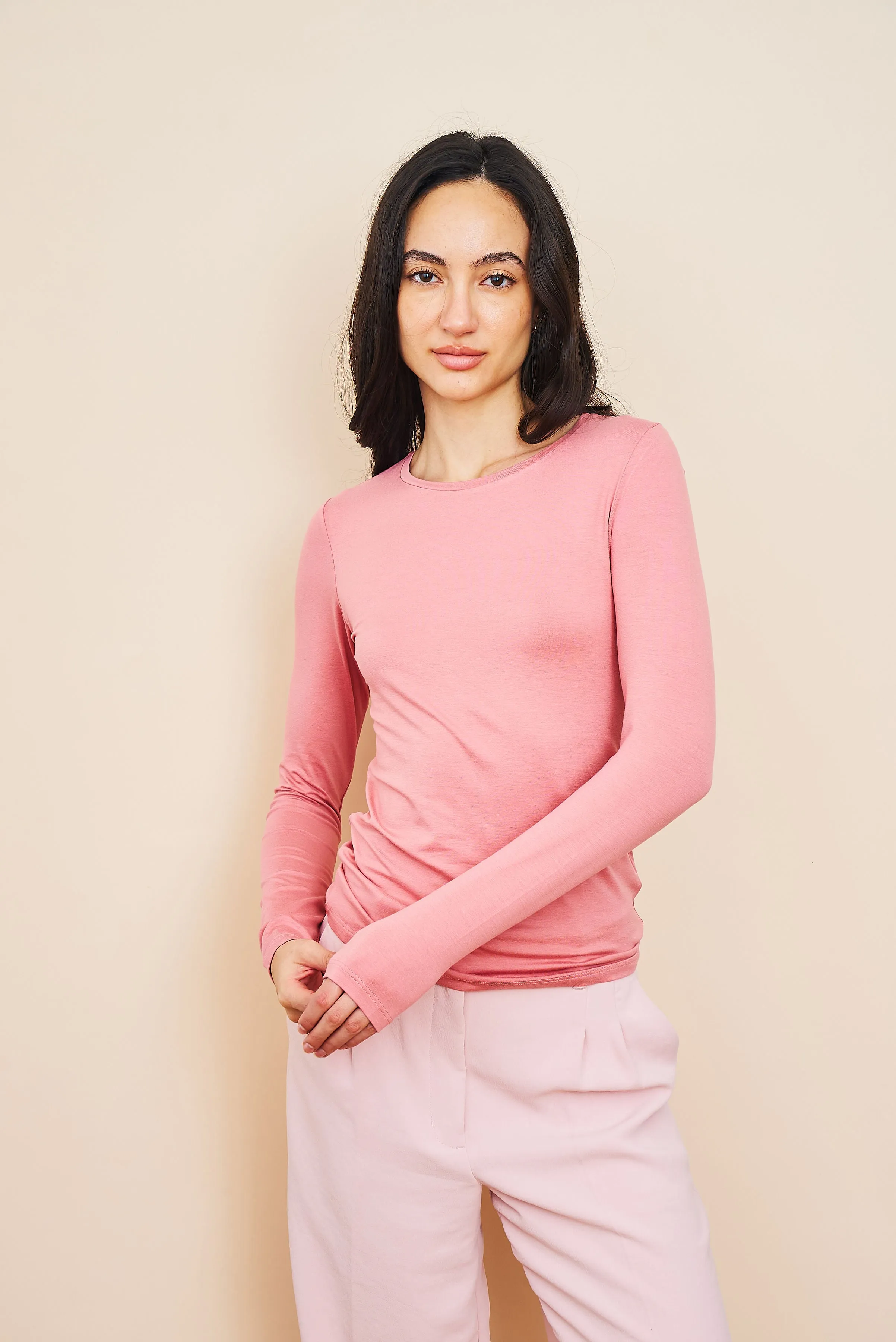 Majestic Soft Touch Long Sleeve Crewneck in Bouton De Rose