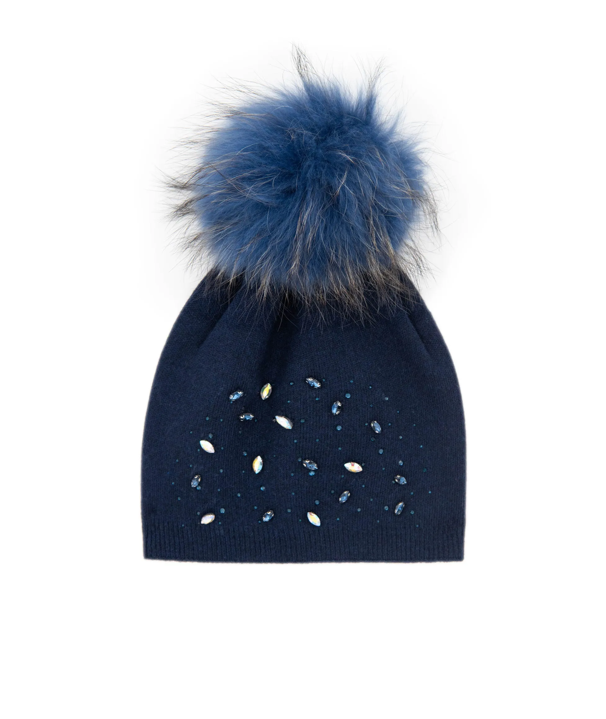 Maniere Mauve Navy Hat With Rhinestones and Light Blue Pom