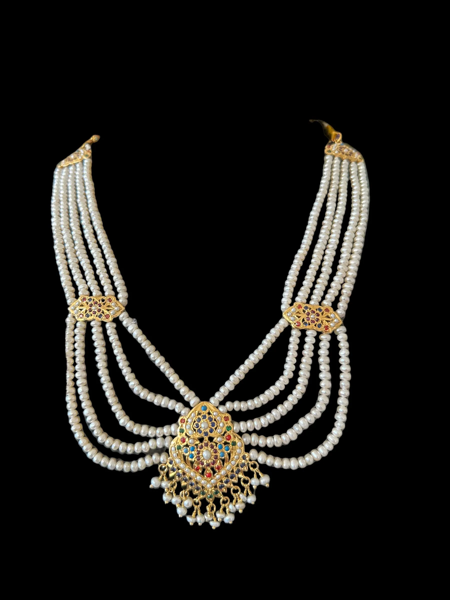 Navratan gold plated silver necklace with earrings in fresh water pearls ( READY TO SHIP )