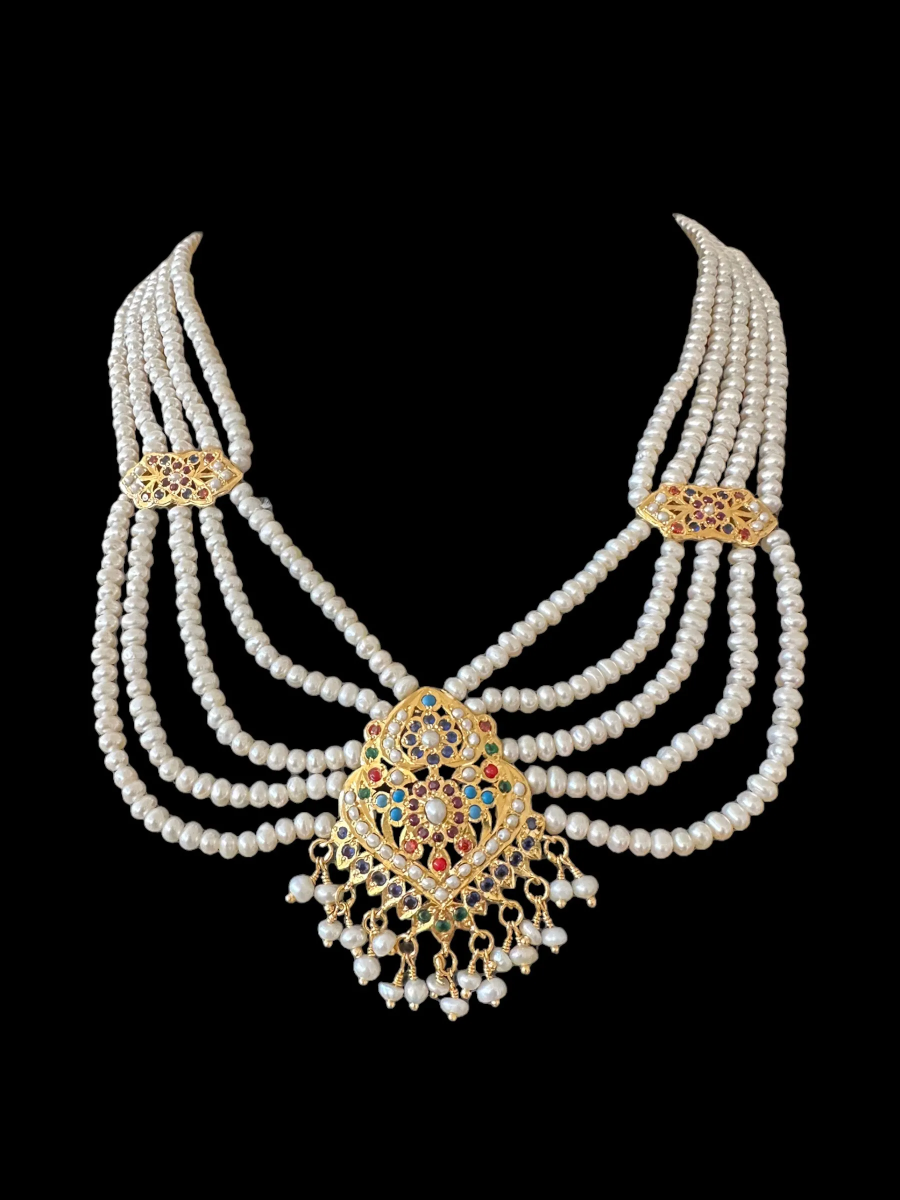 Navratan gold plated silver necklace with earrings in fresh water pearls ( READY TO SHIP )