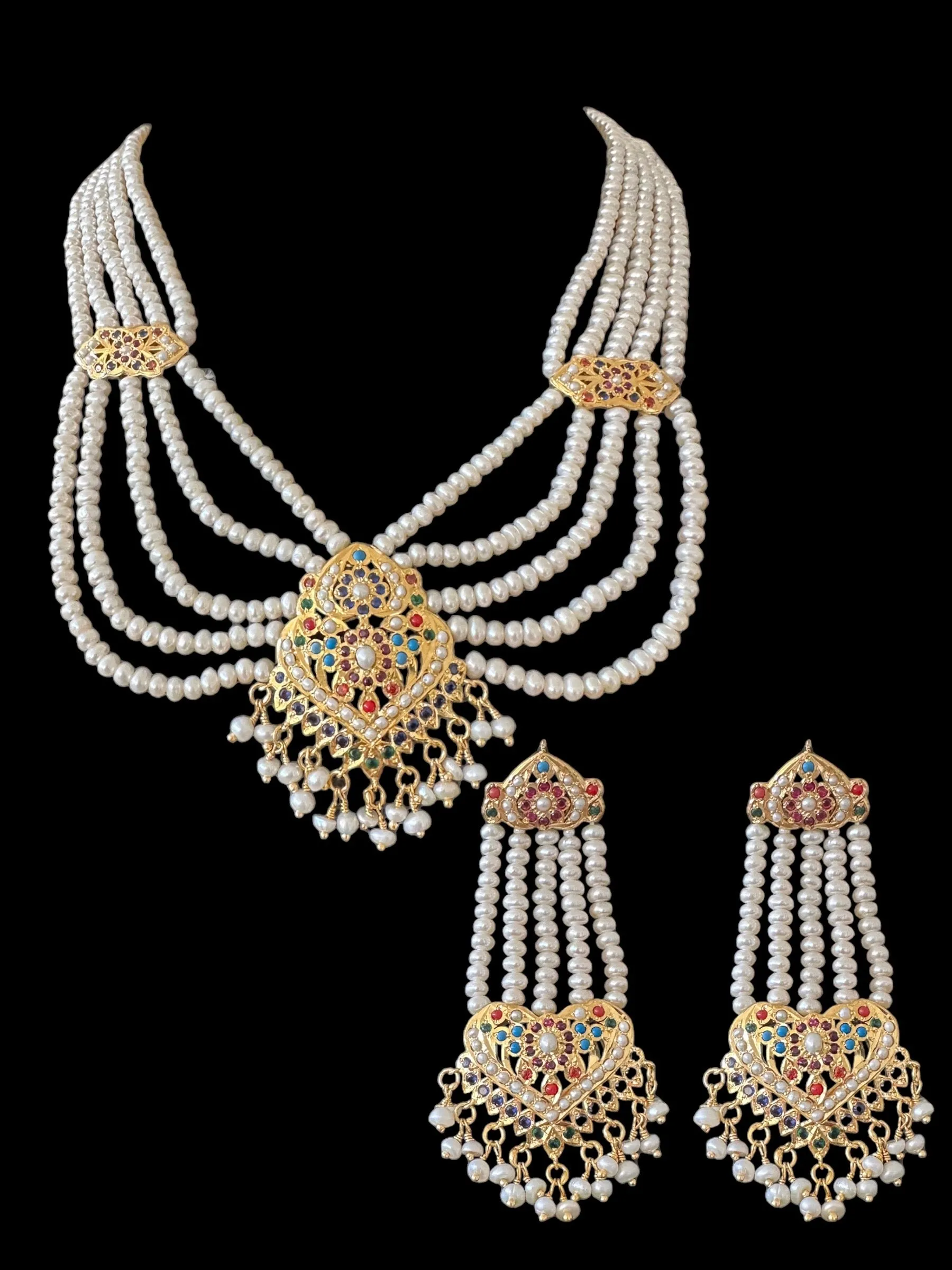 Navratan gold plated silver necklace with earrings in fresh water pearls ( READY TO SHIP )