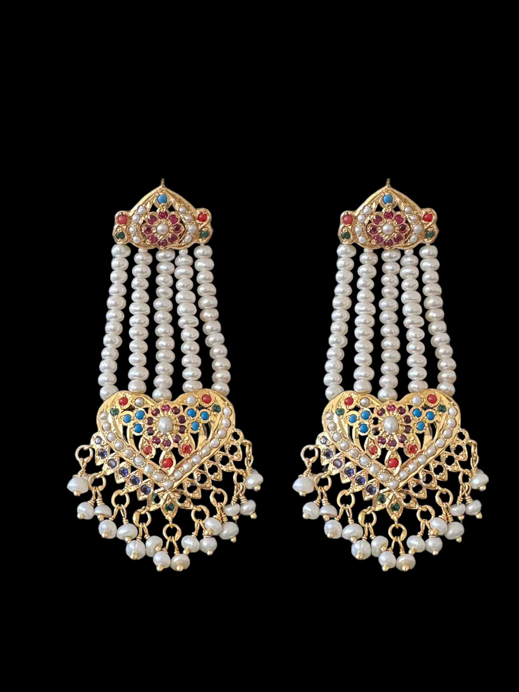 Navratan gold plated silver necklace with earrings in fresh water pearls ( READY TO SHIP )