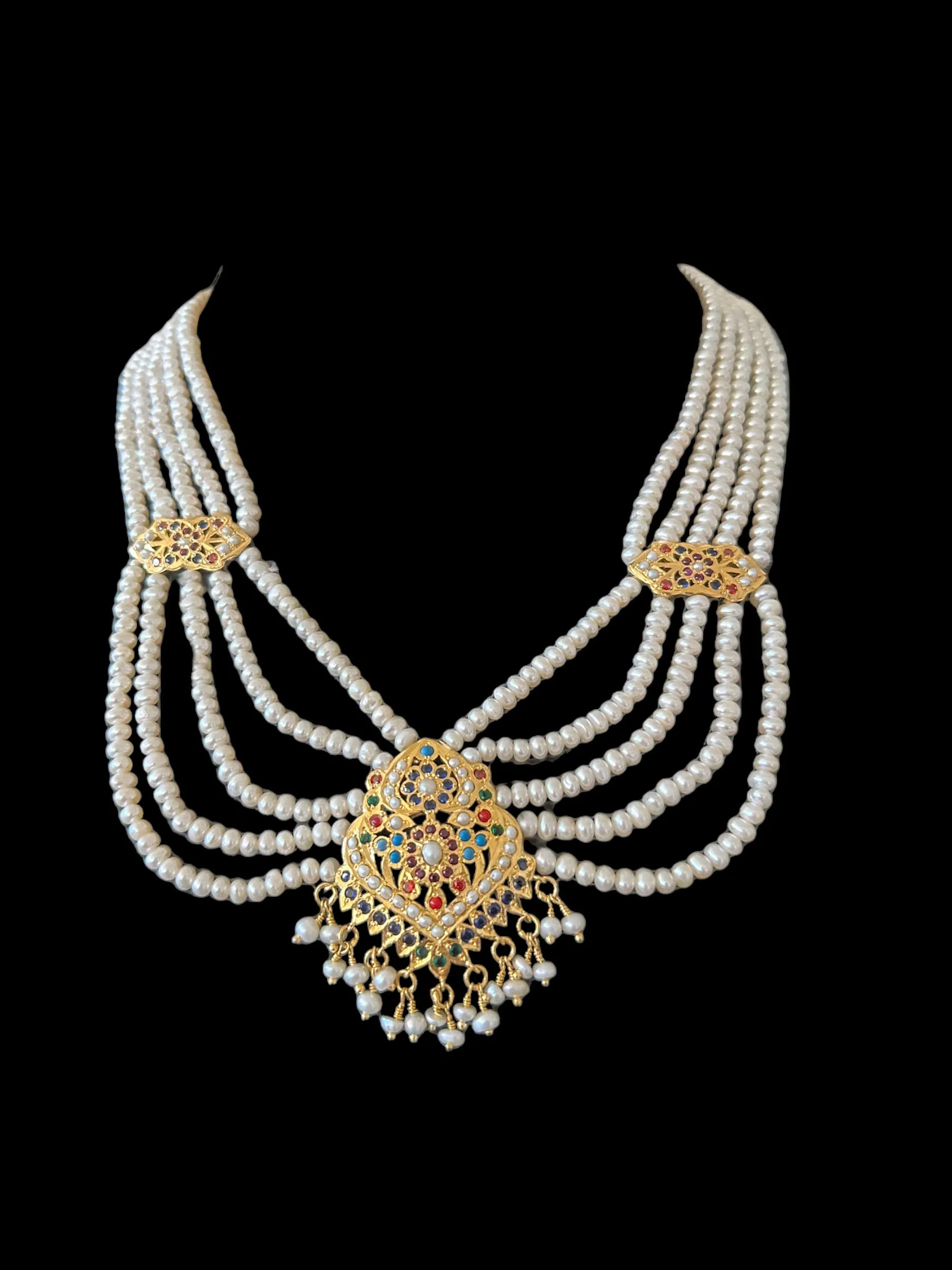 Navratan gold plated silver necklace with earrings in fresh water pearls ( READY TO SHIP )