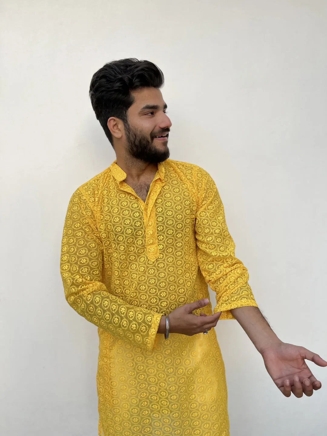 Nawab Mens Straight Machine Chikankari Kurta & Pyjama Set