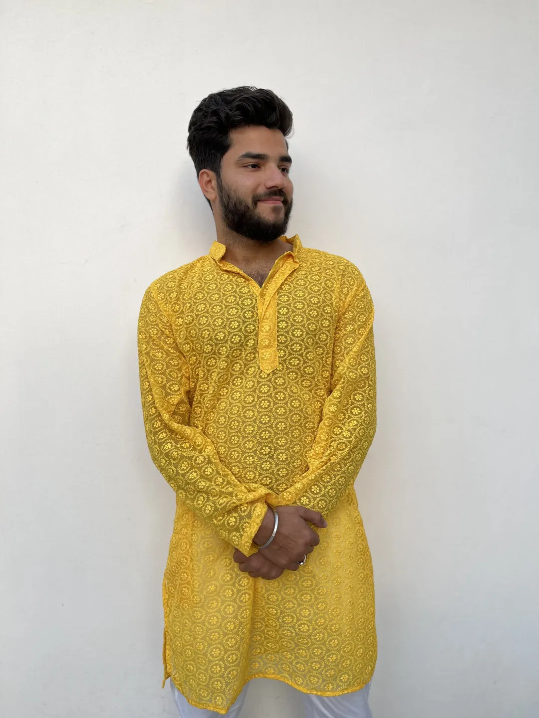 Nawab Mens Straight Machine Chikankari Kurta & Pyjama Set