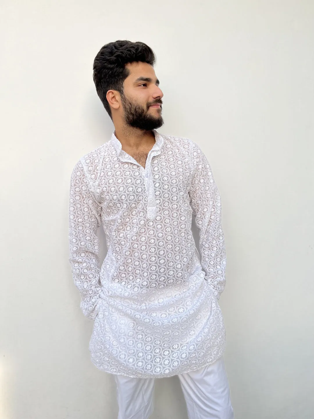 Nawab Mens Straight Machine Chikankari Kurta & Pyjama Set