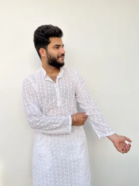 Nawab Mens Straight Machine Chikankari Kurta & Pyjama Set